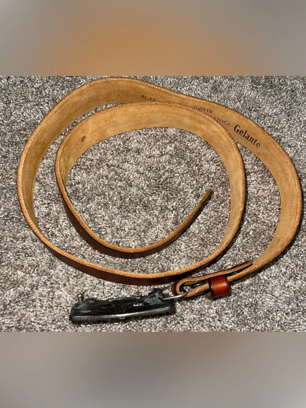 Vintage Pewter Native American belt buckle red turquoise + brown leather belt XL